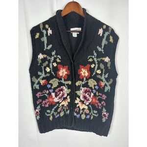 VTG Jennifer Reed Hand Knitted Sweater‎ Vest Dark Floral Cottagecore Twee Size M